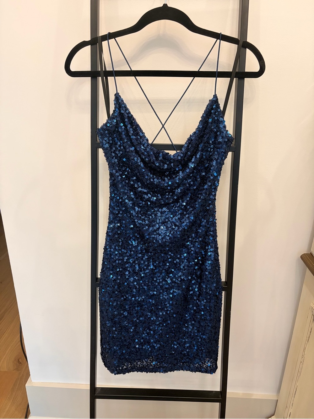 B Darlin Navy Blue Sequin Cowl Neck Mini Dress